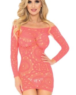 Leg Avenue Crochet Lace Mini Dress- Coral- One Size