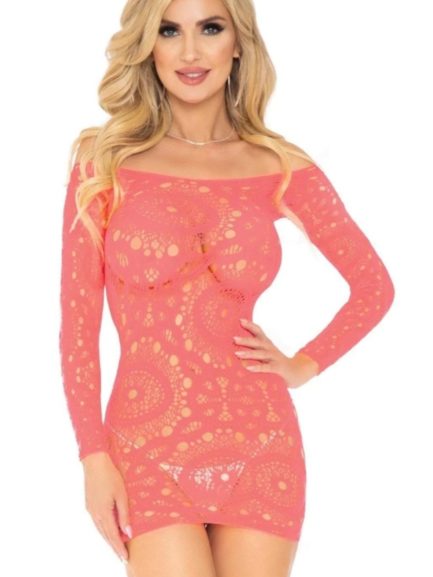 Leg Avenue Crochet Lace Mini Dress- Coral- One Size LA-86794-CRL-OS