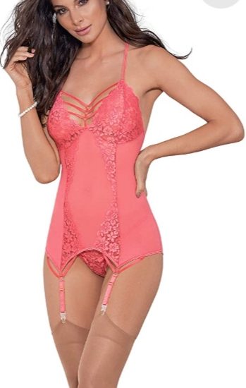 Escante Lace & Mesh Bustier w/ Matching Thong- Salmon- Small E35748H-S