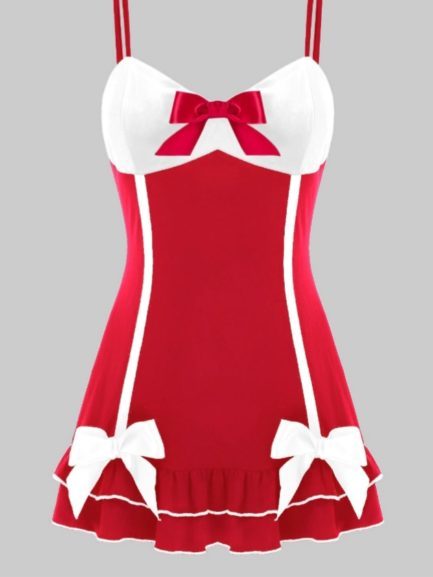 Babydoll w/ Satin Bow Accents- Red/White- Large