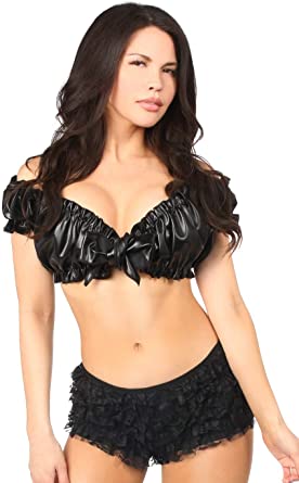 Daisy Corsets Faux Leather Tie Front Peasant Top- Regular One Size ACC-279