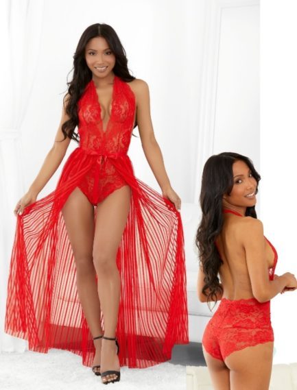 *NEW* Escante Lace Halter Teddy w/ Skirt- Red- Large E32455-RED-L