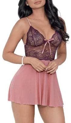 Escante Plum Wine Sheer Lace Babydoll w/ Matching G-String - Small E35797-PLUM-S