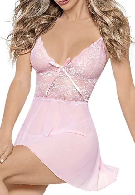 Escante Silvery Pink Babydoll w/ Matching G-String- Small E39598-SPNK-S