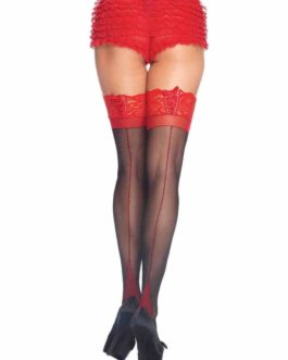 Leg Avenue Cuban Heel Thigh High Stockings w/ Corset Lace Top- Red/Black- One Size