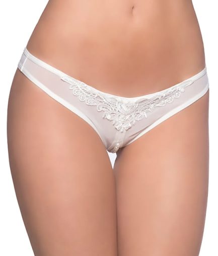 Oh La La Cherie Crotchless Thong w/ Pearls & Venice Detail- White- One Size OH2066-WHT