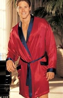 Shirley of Hollywood Charmeuse Red Robe w/ Black Trim and Belt- One Size