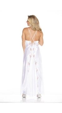 Charmeuse and Lace Long Gown- White- Small 20300WHT-S